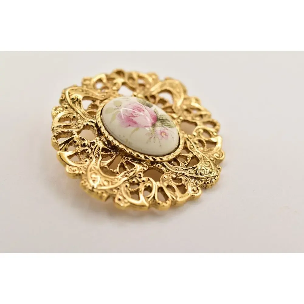 1928 Vintage Brooch Pin Rose Painted Cabochon Antiqued Gold Filigree 1980s BinBG